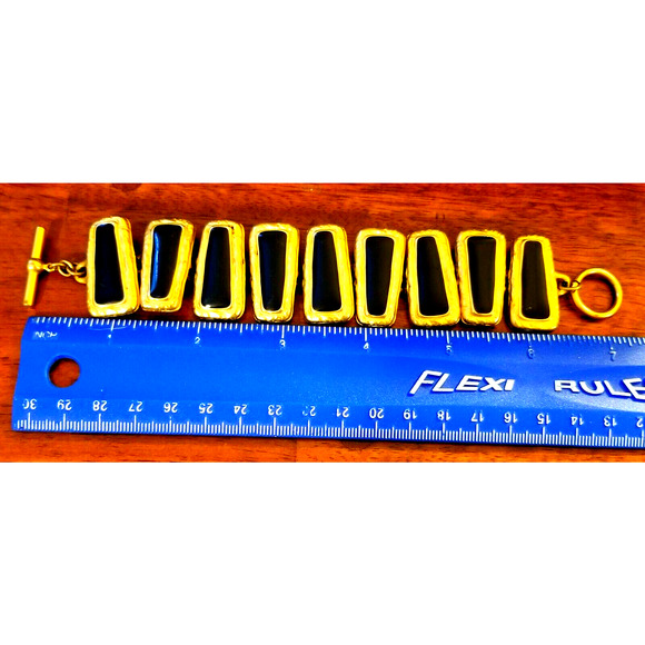 Vintage Black Enamel & Gold-Tone 9 Section Trapezoid Link Bracelet w T-Bar close - Picture 3 of 7